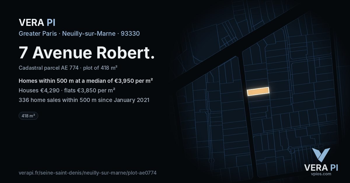 7 Avenue Robert, Neuilly-sur-Marne at night – the plot lit, the parcels around coloured by the prices near them