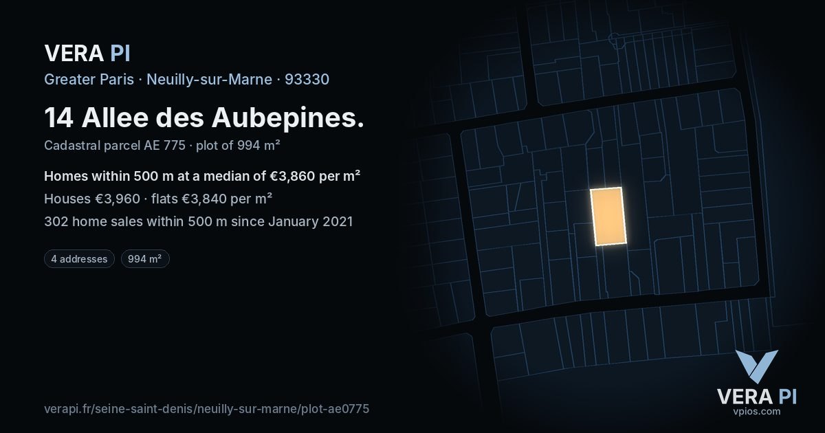 14 Allee des Aubepines, Neuilly-sur-Marne at night – the plot lit, the parcels around coloured by the prices near them