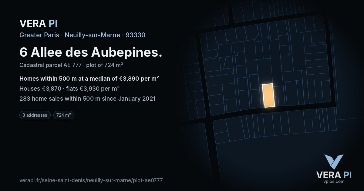 6 Allee des Aubepines, Neuilly-sur-Marne at night – the plot lit, the parcels around coloured by the prices near them