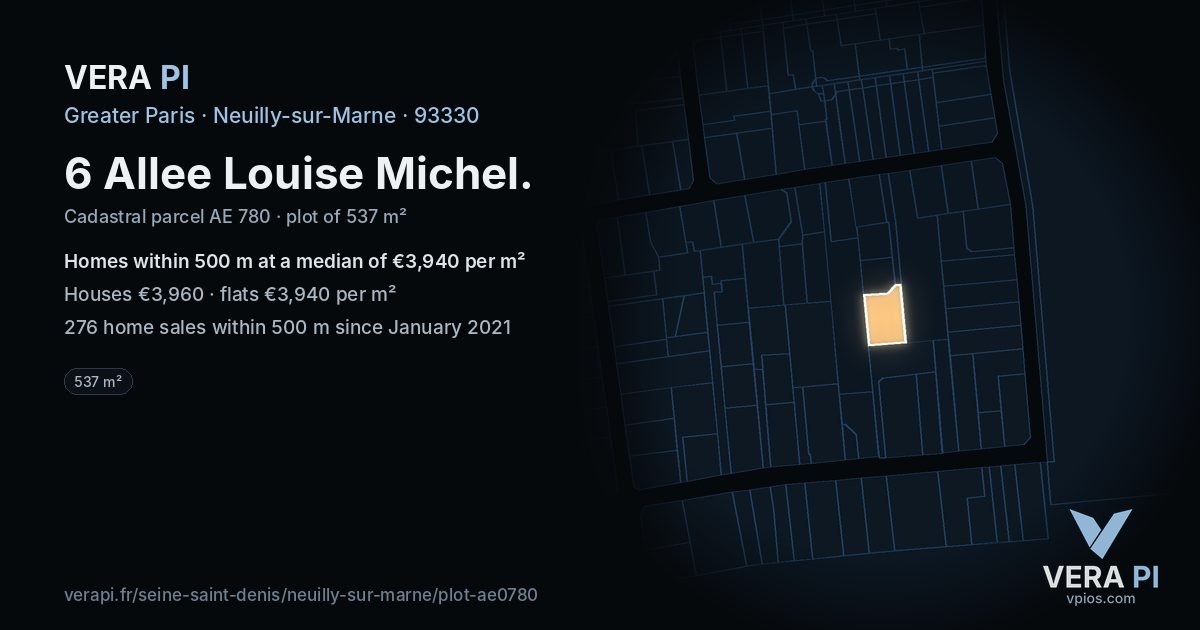 6 Allee Louise Michel, Neuilly-sur-Marne at night – the plot lit, the parcels around coloured by the prices near them