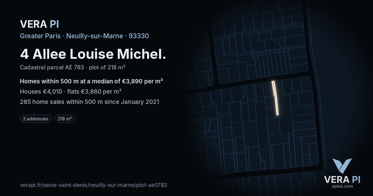 4 Allee Louise Michel, Neuilly-sur-Marne at night – the plot lit, the parcels around coloured by the prices near them