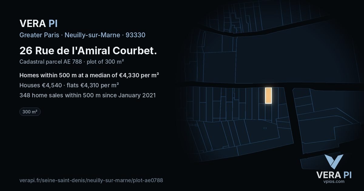 26 Rue de l'Amiral Courbet, Neuilly-sur-Marne at night – the plot lit, the parcels around coloured by the prices near them
