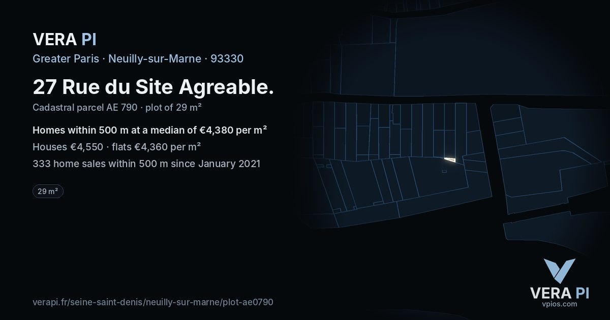 27 Rue du Site Agreable, Neuilly-sur-Marne at night – the plot lit, the parcels around coloured by the prices near them