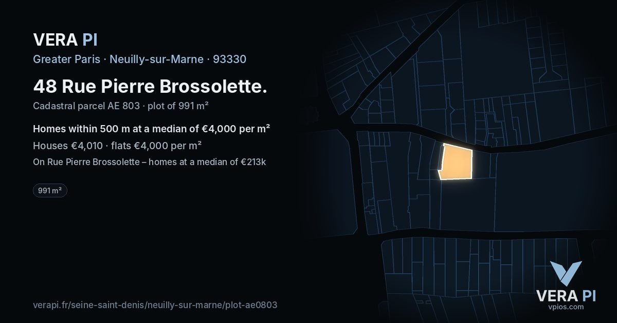 48 Rue Pierre Brossolette, Neuilly-sur-Marne at night – the plot lit, the parcels around coloured by the prices near them