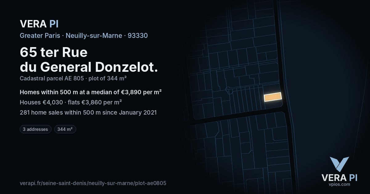 65 ter Rue du General Donzelot, Neuilly-sur-Marne at night – the plot lit, the parcels around coloured by the prices near them