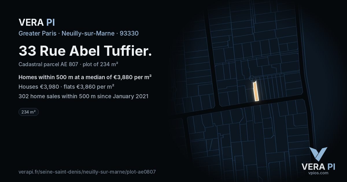 33 Rue Abel Tuffier, Neuilly-sur-Marne at night – the plot lit, the parcels around coloured by the prices near them