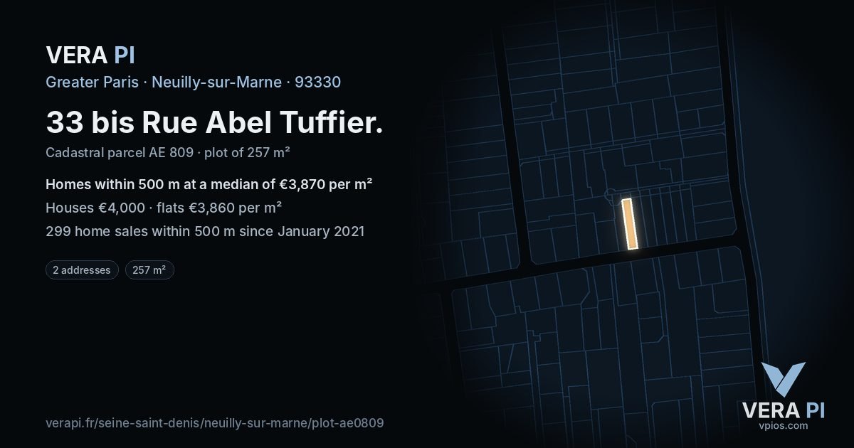 33 bis Rue Abel Tuffier, Neuilly-sur-Marne at night – the plot lit, the parcels around coloured by the prices near them