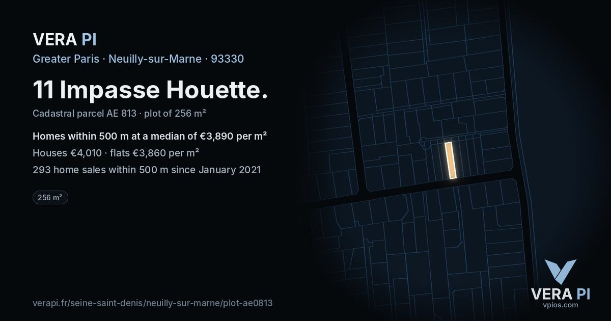 11 Impasse Houette, Neuilly-sur-Marne at night – the plot lit, the parcels around coloured by the prices near them