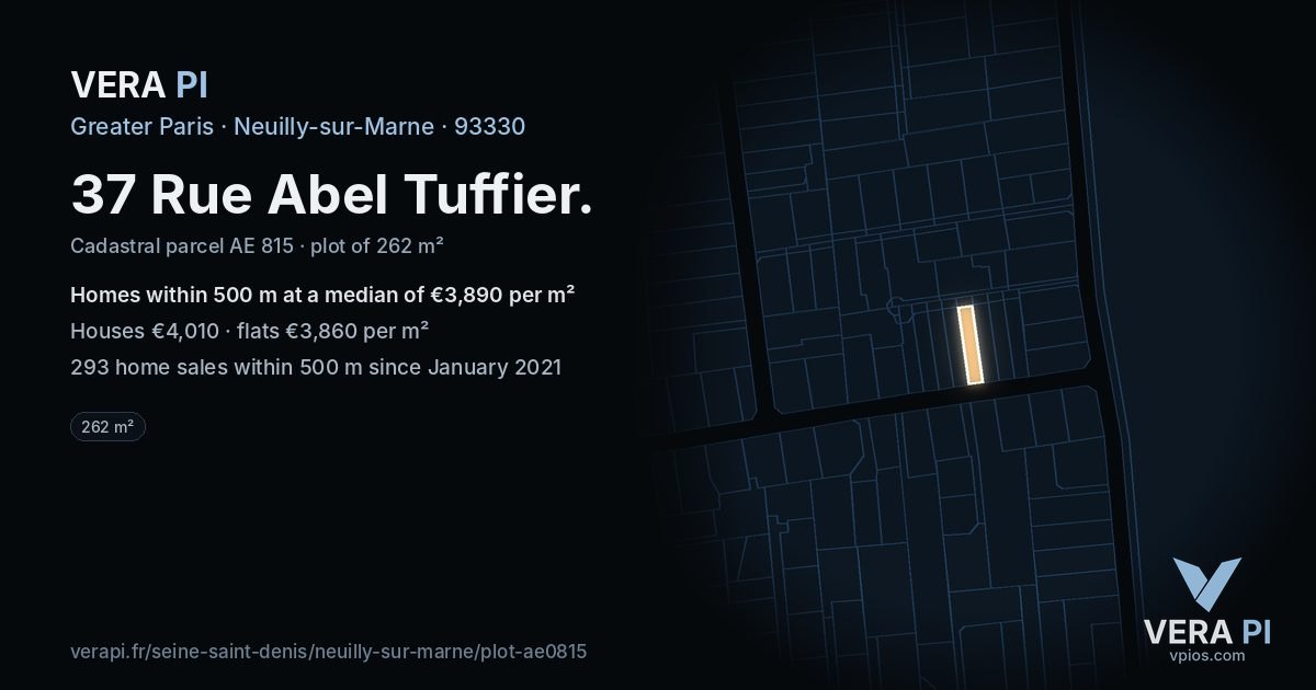 37 Rue Abel Tuffier, Neuilly-sur-Marne at night – the plot lit, the parcels around coloured by the prices near them