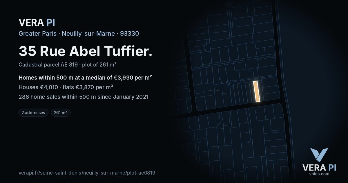 35 Rue Abel Tuffier, Neuilly-sur-Marne at night – the plot lit, the parcels around coloured by the prices near them
