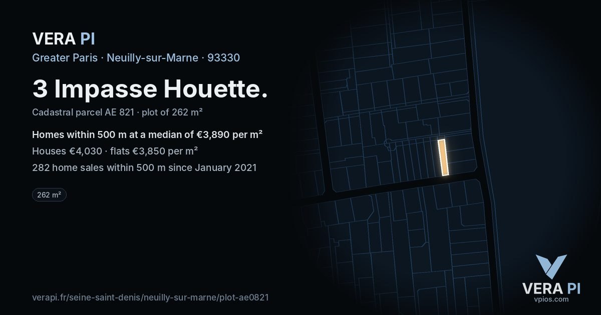 3 Impasse Houette, Neuilly-sur-Marne at night – the plot lit, the parcels around coloured by the prices near them