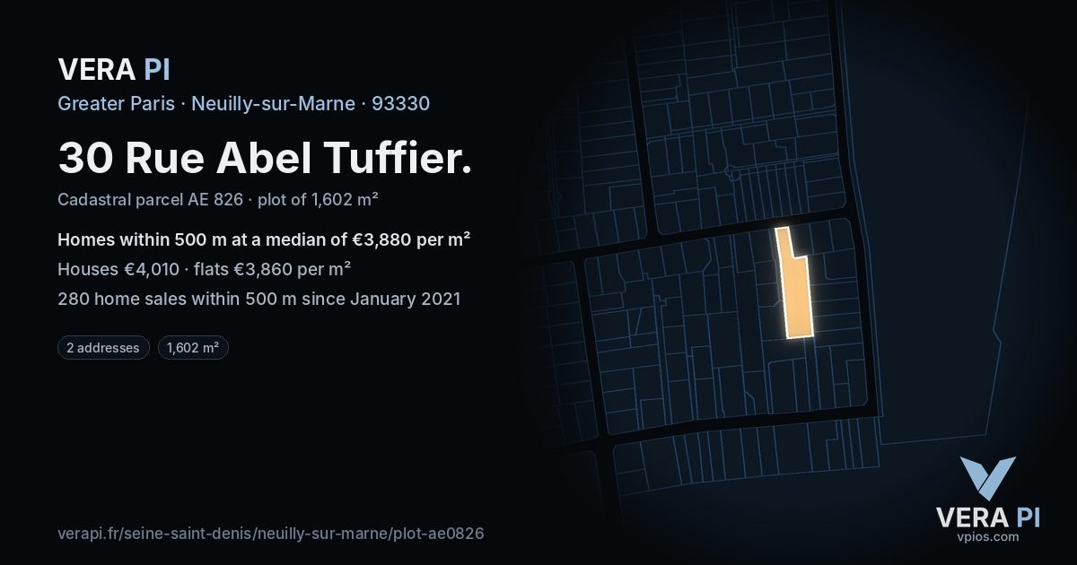 30 Rue Abel Tuffier, Neuilly-sur-Marne at night – the plot lit, the parcels around coloured by the prices near them
