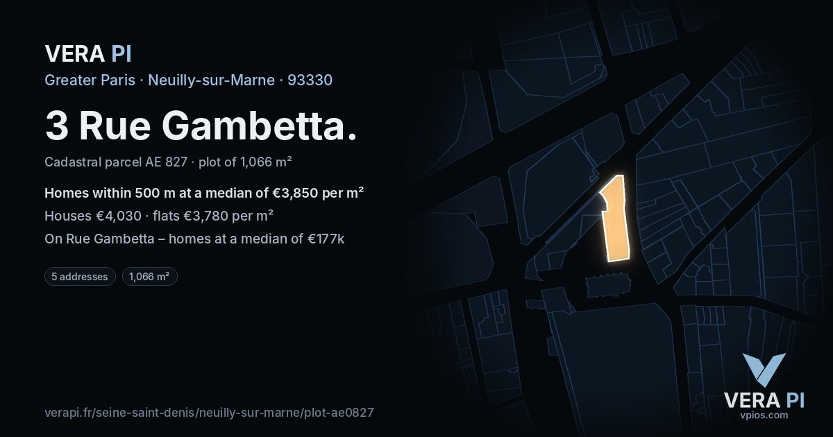 3 Rue Gambetta, Neuilly-sur-Marne at night – the plot lit, the parcels around coloured by the prices near them