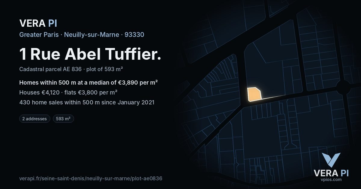1 Rue Abel Tuffier, Neuilly-sur-Marne at night – the plot lit, the parcels around coloured by the prices near them
