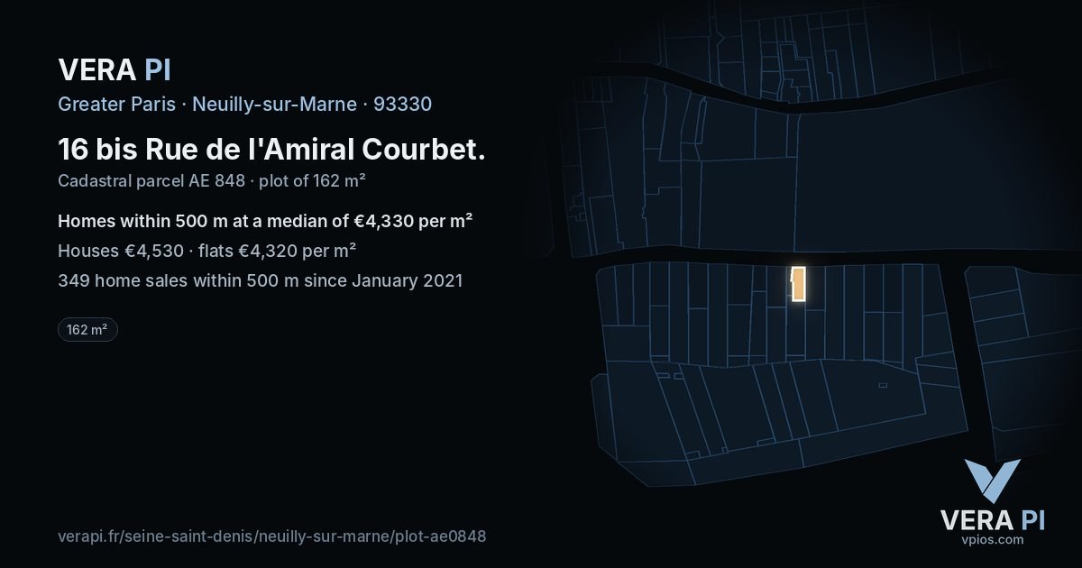 16 bis Rue de l'Amiral Courbet, Neuilly-sur-Marne at night – the plot lit, the parcels around coloured by the prices near them
