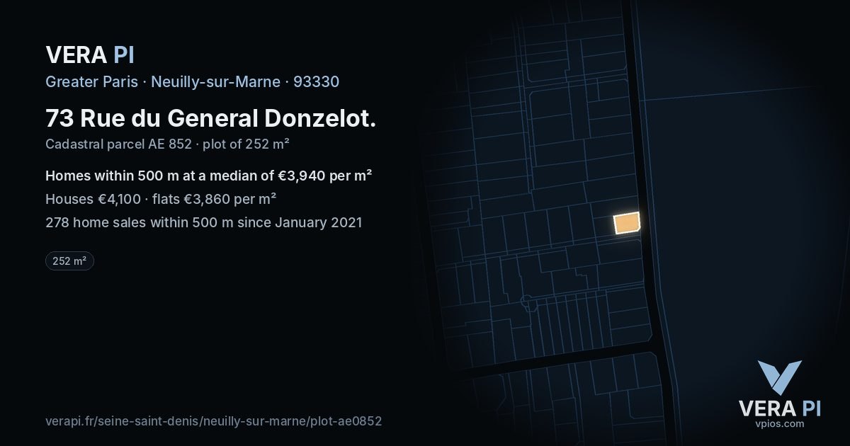 73 Rue du General Donzelot, Neuilly-sur-Marne at night – the plot lit, the parcels around coloured by the prices near them