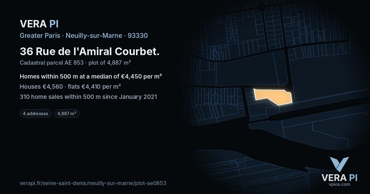 36 Rue de l'Amiral Courbet, Neuilly-sur-Marne at night – the plot lit, the parcels around coloured by the prices near them