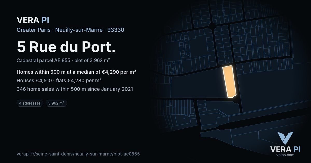 5 Rue du Port, Neuilly-sur-Marne at night – the plot lit, the parcels around coloured by the prices near them