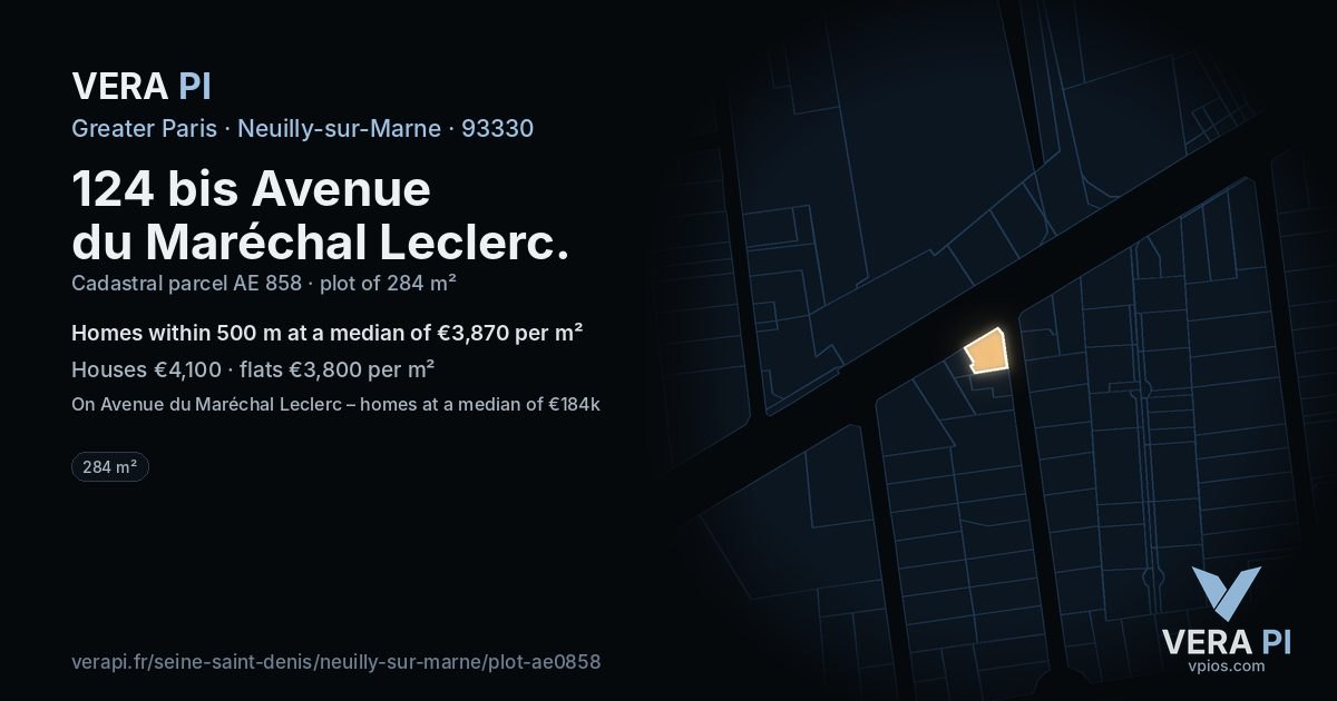 124 bis Avenue du Maréchal Leclerc, Neuilly-sur-Marne at night – the plot lit, the parcels around coloured by the prices near them