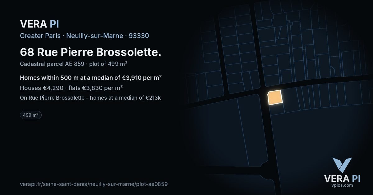 68 Rue Pierre Brossolette, Neuilly-sur-Marne at night – the plot lit, the parcels around coloured by the prices near them