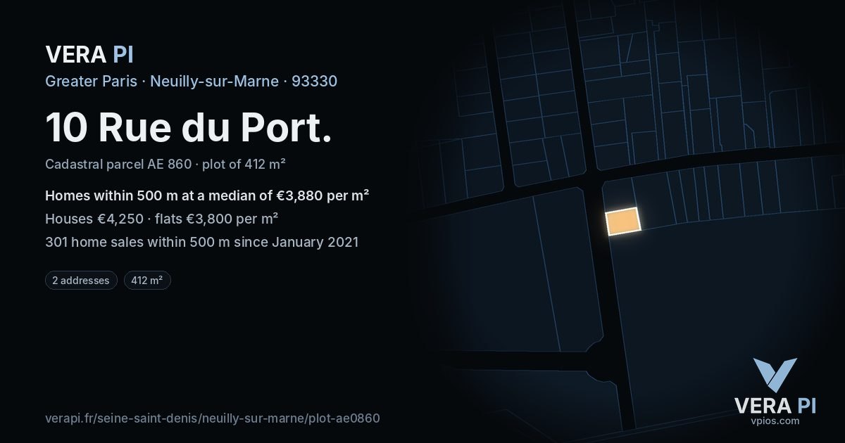 10 Rue du Port, Neuilly-sur-Marne at night – the plot lit, the parcels around coloured by the prices near them