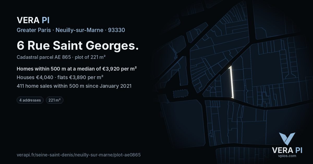 6 Rue Saint Georges, Neuilly-sur-Marne at night – the plot lit, the parcels around coloured by the prices near them