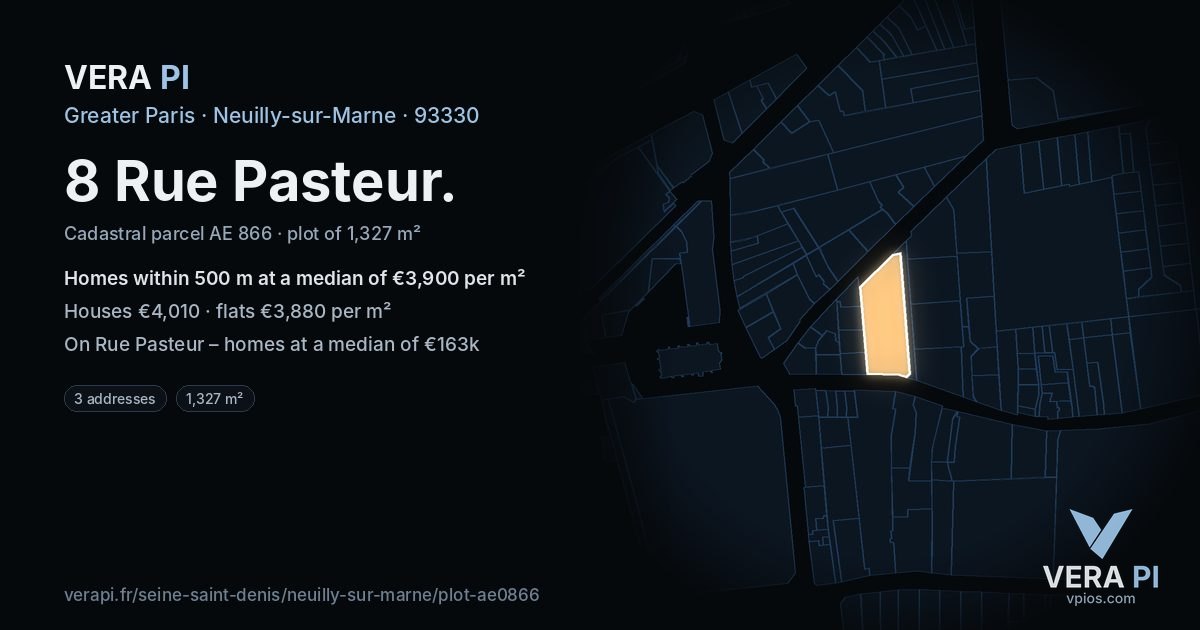 8 Rue Pasteur, Neuilly-sur-Marne at night – the plot lit, the parcels around coloured by the prices near them