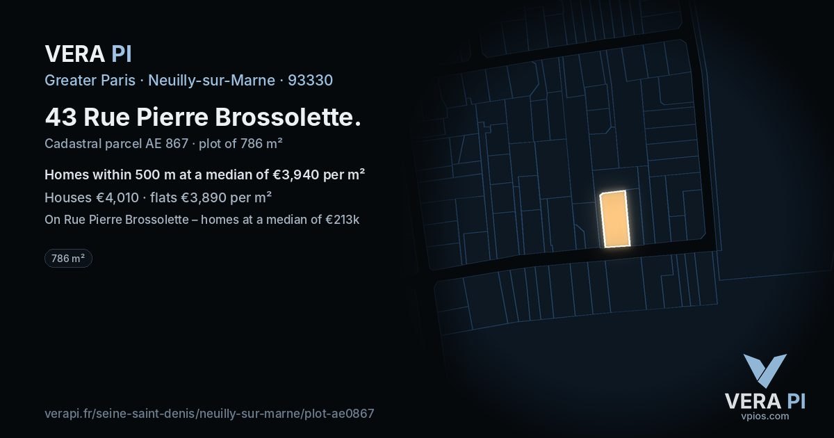 43 Rue Pierre Brossolette, Neuilly-sur-Marne at night – the plot lit, the parcels around coloured by the prices near them