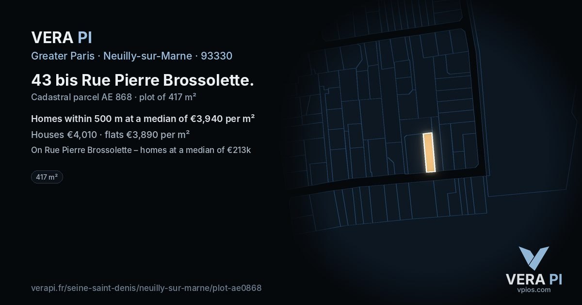43 bis Rue Pierre Brossolette, Neuilly-sur-Marne at night – the plot lit, the parcels around coloured by the prices near them
