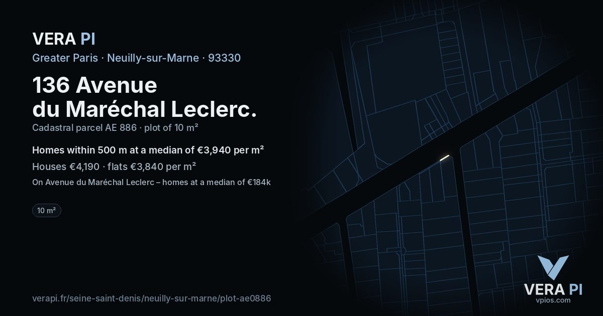 136 Avenue du Maréchal Leclerc, Neuilly-sur-Marne at night – the plot lit, the parcels around coloured by the prices near them