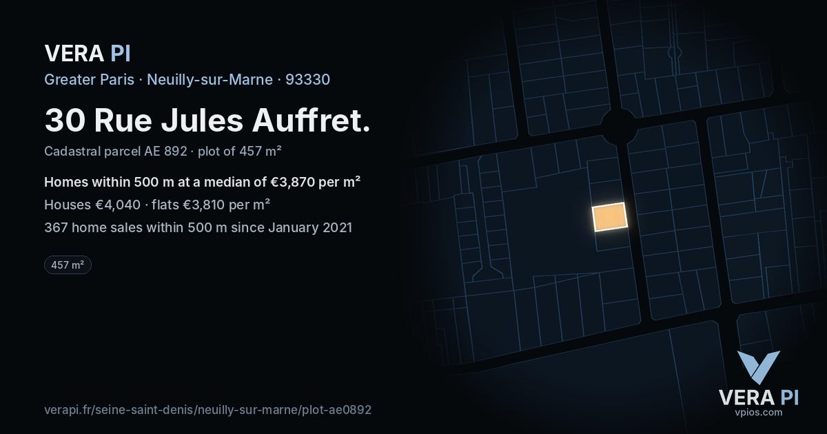 30 Rue Jules Auffret, Neuilly-sur-Marne at night – the plot lit, the parcels around coloured by the prices near them