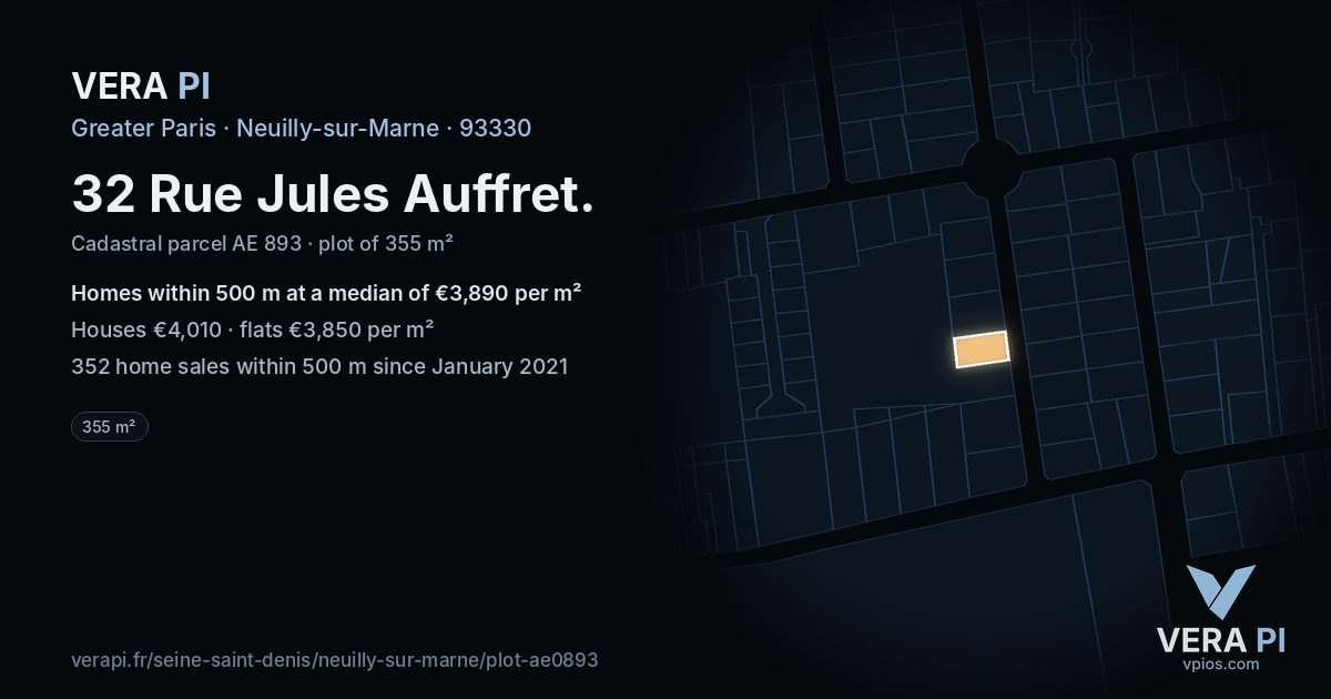 32 Rue Jules Auffret, Neuilly-sur-Marne at night – the plot lit, the parcels around coloured by the prices near them