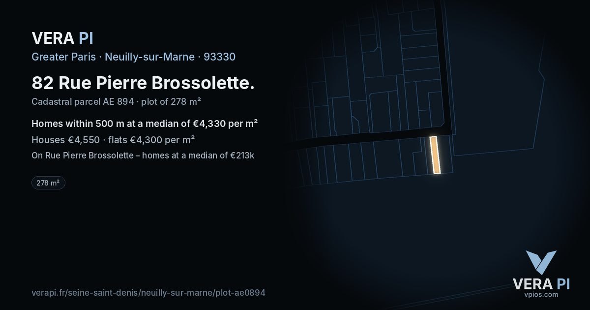 82 Rue Pierre Brossolette, Neuilly-sur-Marne at night – the plot lit, the parcels around coloured by the prices near them