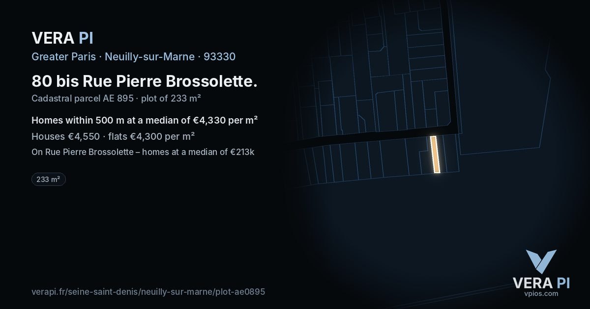 80 bis Rue Pierre Brossolette, Neuilly-sur-Marne at night – the plot lit, the parcels around coloured by the prices near them