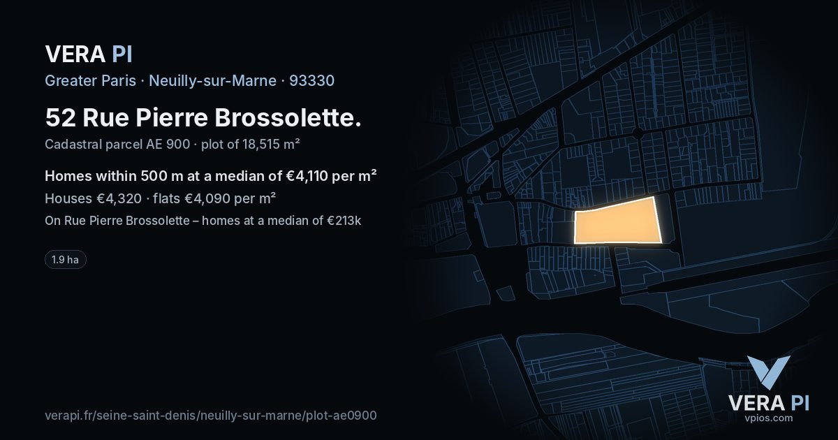 52 Rue Pierre Brossolette, Neuilly-sur-Marne at night – the plot lit, the parcels around coloured by the prices near them