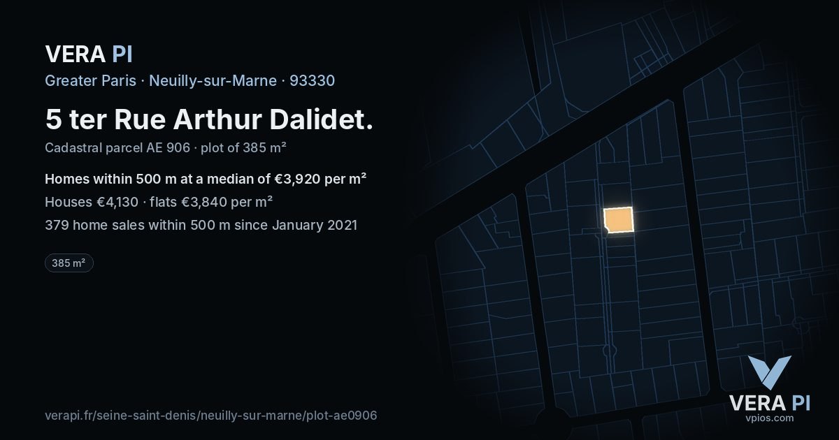 5 ter Rue Arthur Dalidet, Neuilly-sur-Marne at night – the plot lit, the parcels around coloured by the prices near them