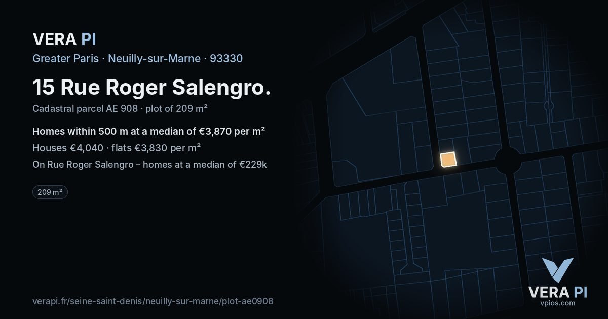 15 Rue Roger Salengro, Neuilly-sur-Marne at night – the plot lit, the parcels around coloured by the prices near them
