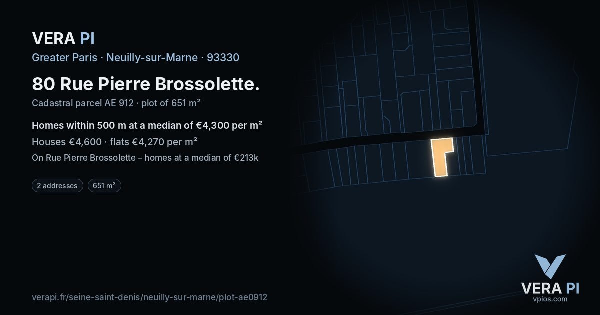 80 Rue Pierre Brossolette, Neuilly-sur-Marne at night – the plot lit, the parcels around coloured by the prices near them