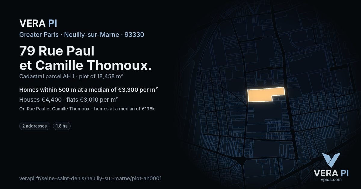 79 Rue Paul et Camille Thomoux, Neuilly-sur-Marne at night – the plot lit, the parcels around coloured by the prices near them
