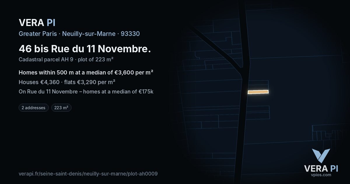 46 bis Rue du 11 Novembre, Neuilly-sur-Marne at night – the plot lit, the parcels around coloured by the prices near them