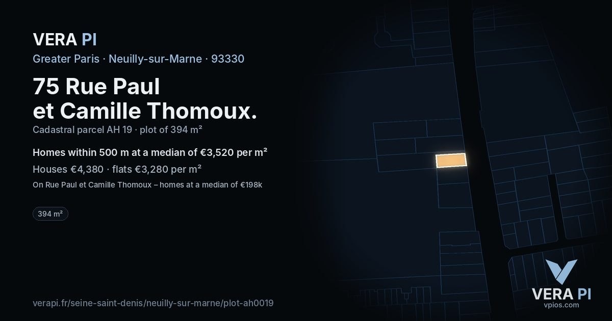 75 Rue Paul et Camille Thomoux, Neuilly-sur-Marne at night – the plot lit, the parcels around coloured by the prices near them