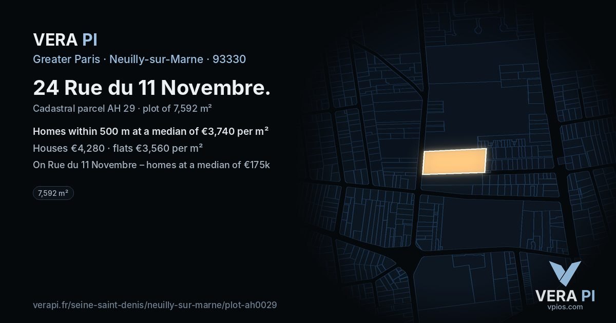 24 Rue du 11 Novembre, Neuilly-sur-Marne at night – the plot lit, the parcels around coloured by the prices near them