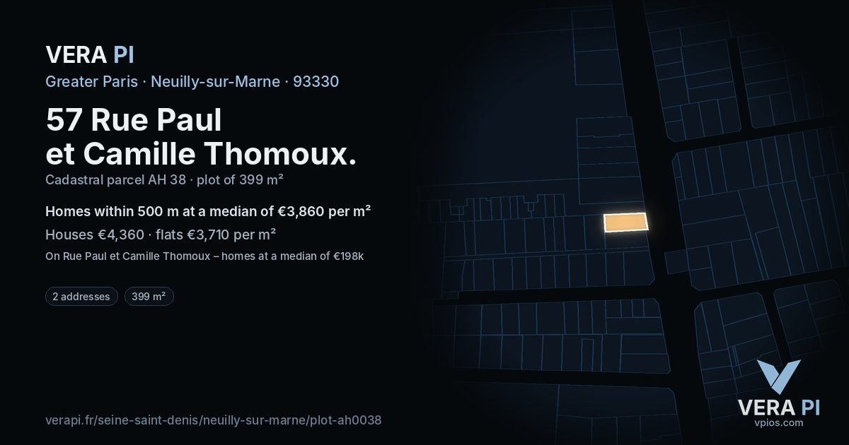 57 Rue Paul et Camille Thomoux, Neuilly-sur-Marne at night – the plot lit, the parcels around coloured by the prices near them