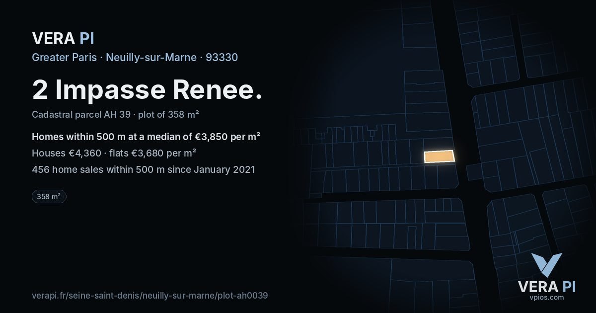 2 Impasse Renee, Neuilly-sur-Marne at night – the plot lit, the parcels around coloured by the prices near them
