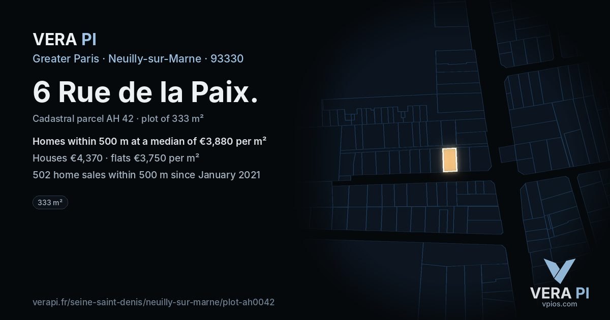 6 Rue de la Paix, Neuilly-sur-Marne at night – the plot lit, the parcels around coloured by the prices near them