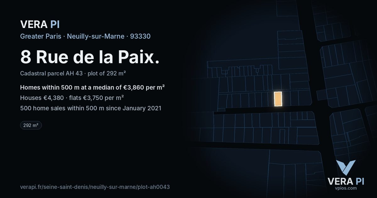 8 Rue de la Paix, Neuilly-sur-Marne at night – the plot lit, the parcels around coloured by the prices near them