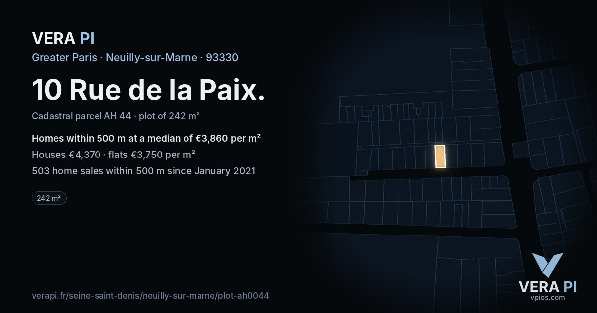 10 Rue de la Paix, Neuilly-sur-Marne at night – the plot lit, the parcels around coloured by the prices near them