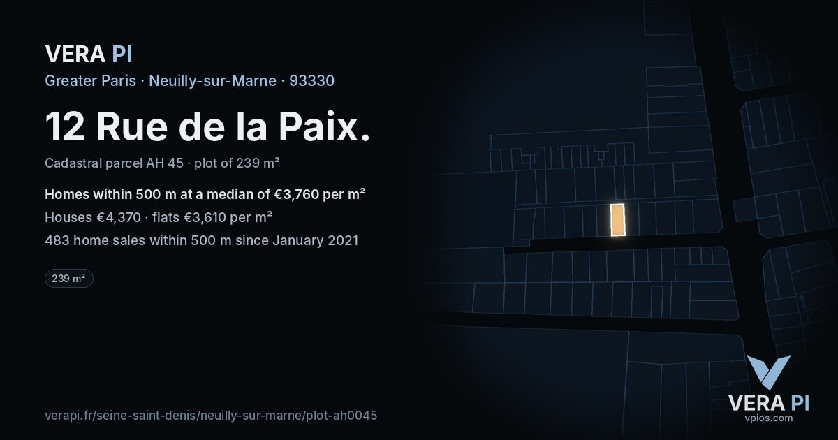 12 Rue de la Paix, Neuilly-sur-Marne at night – the plot lit, the parcels around coloured by the prices near them