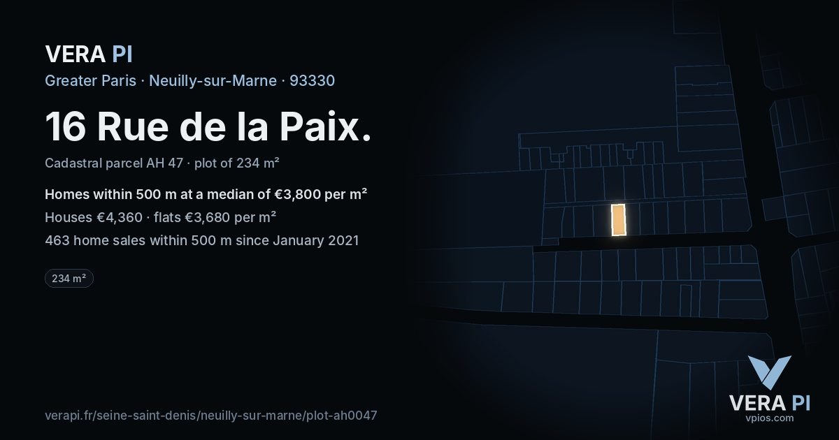 16 Rue de la Paix, Neuilly-sur-Marne at night – the plot lit, the parcels around coloured by the prices near them