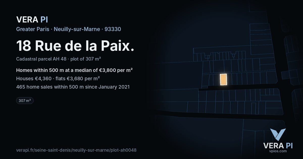 18 Rue de la Paix, Neuilly-sur-Marne at night – the plot lit, the parcels around coloured by the prices near them